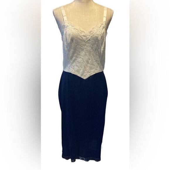 Vintage Navy Blue & White Lace Slip Dress Lingerie 38B Elegant Retro Style - Picture 2 of 8